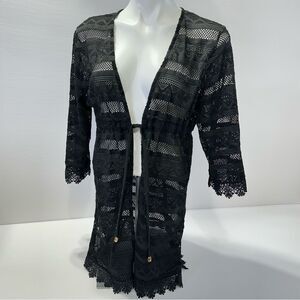 Club Z Black Lace Swim Cover-Up Size L Crochet Knit Mesh Drawstring Waist